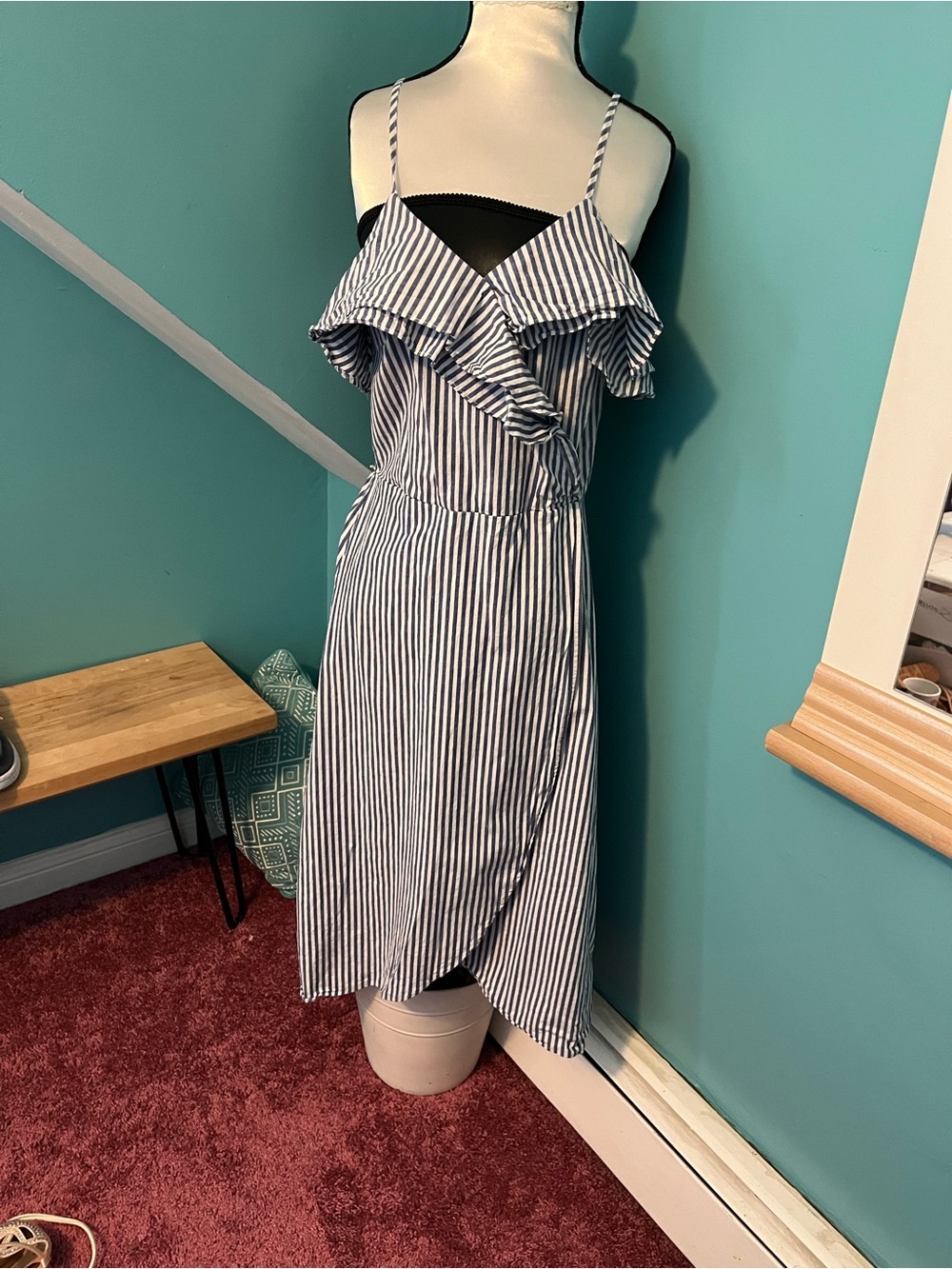 Striped Ruffle Wrap-Front Midi Dress in Navy & White